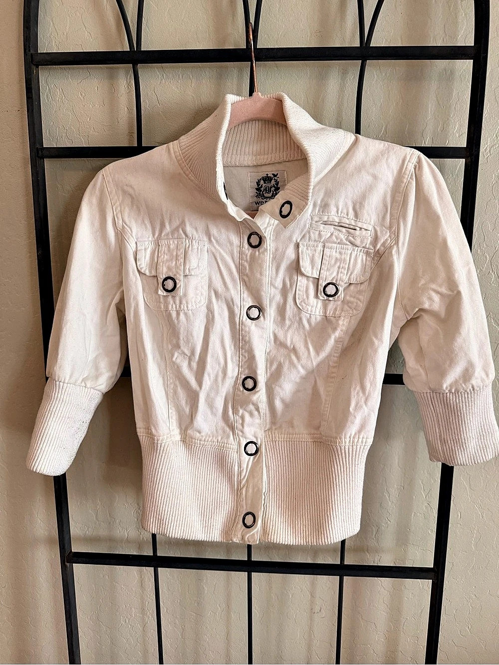 Wet Seal Women’s M White Cropped Jacket Ribbed Trim 3/4 Sleeve Button Front